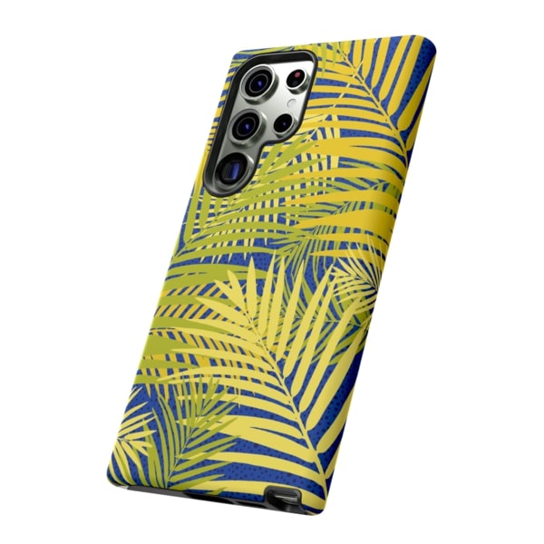 A phone case with a design of yellow fern leaves on a blue background.