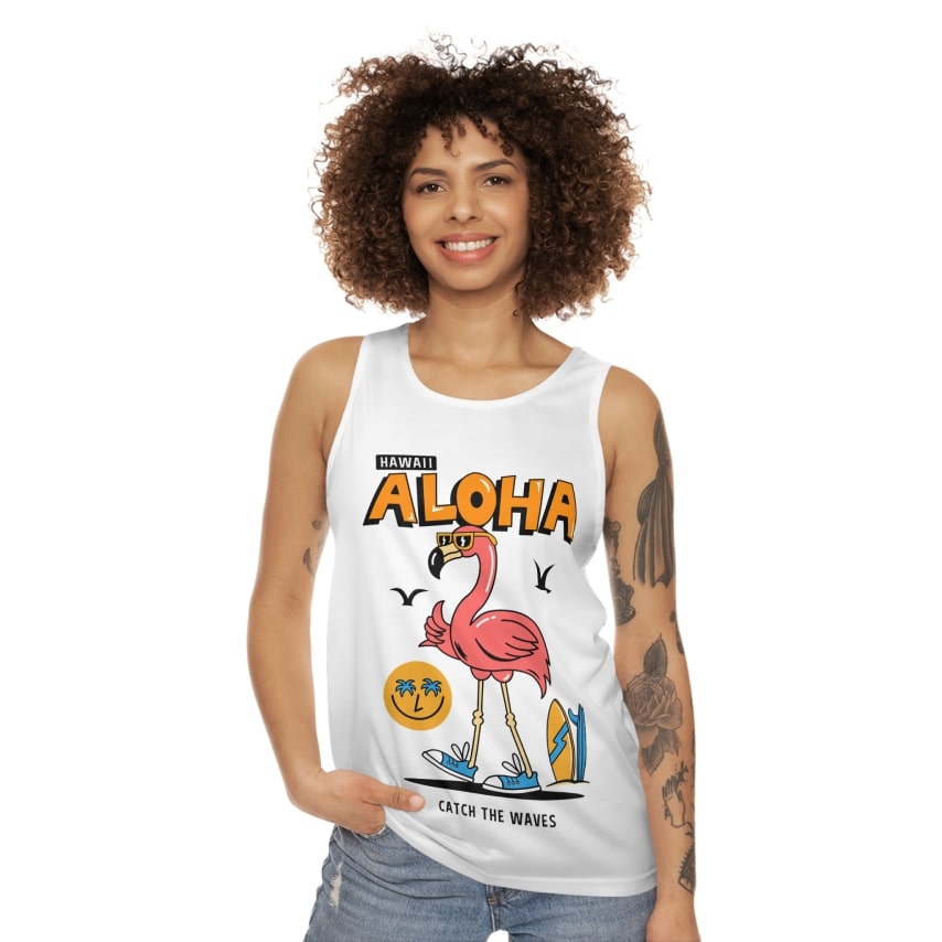 Best Spring Products to Sell Tank Tops A woman wearing a white tank top that says "Aloha" and has an image of a flamingo.