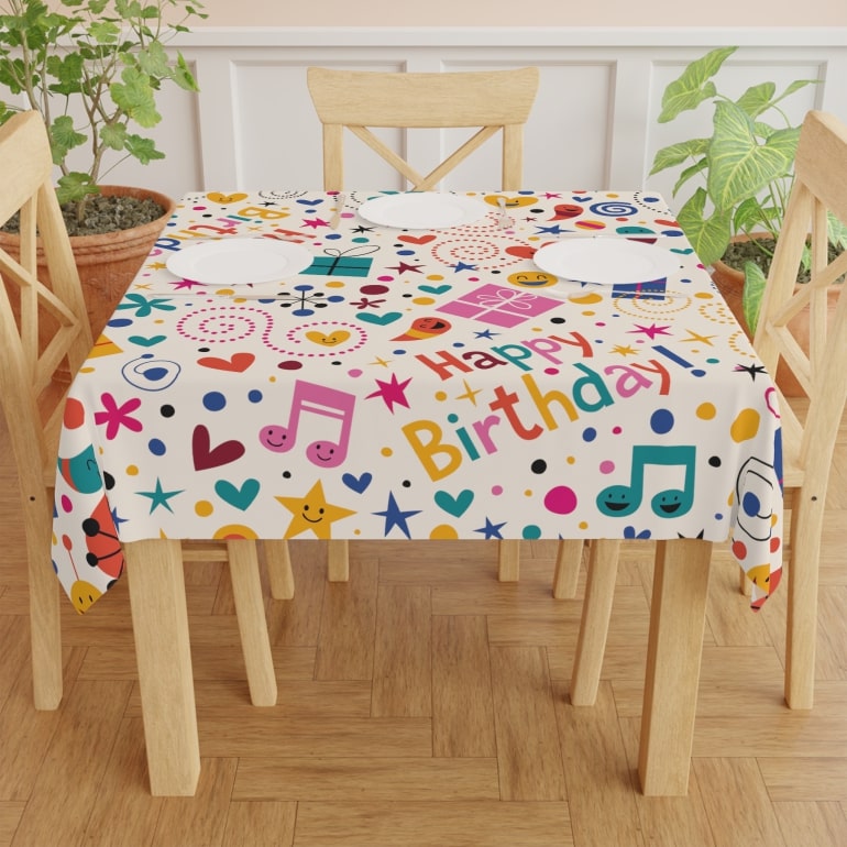 Colorful tablecloth for kids' Birthday party.