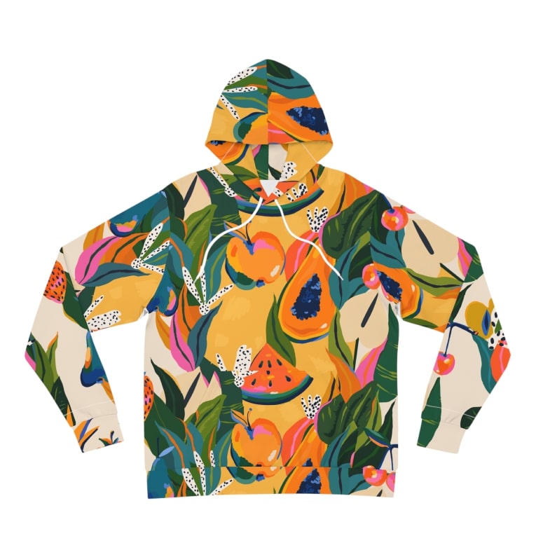 A picture of a hoodie with a fruity image printed all over