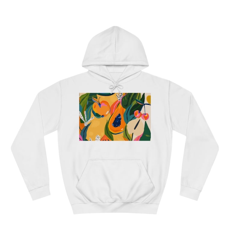 A picture of a white hoodie with a fruity square image
