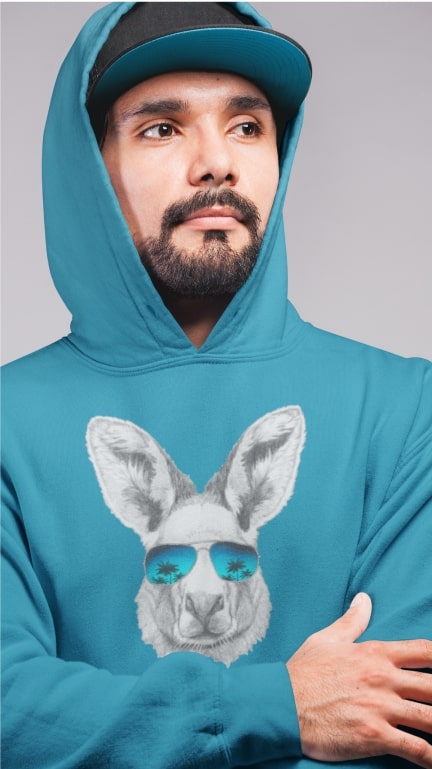 A man posing in a green hoodie with an image of a kangaroo wearing sunglasses