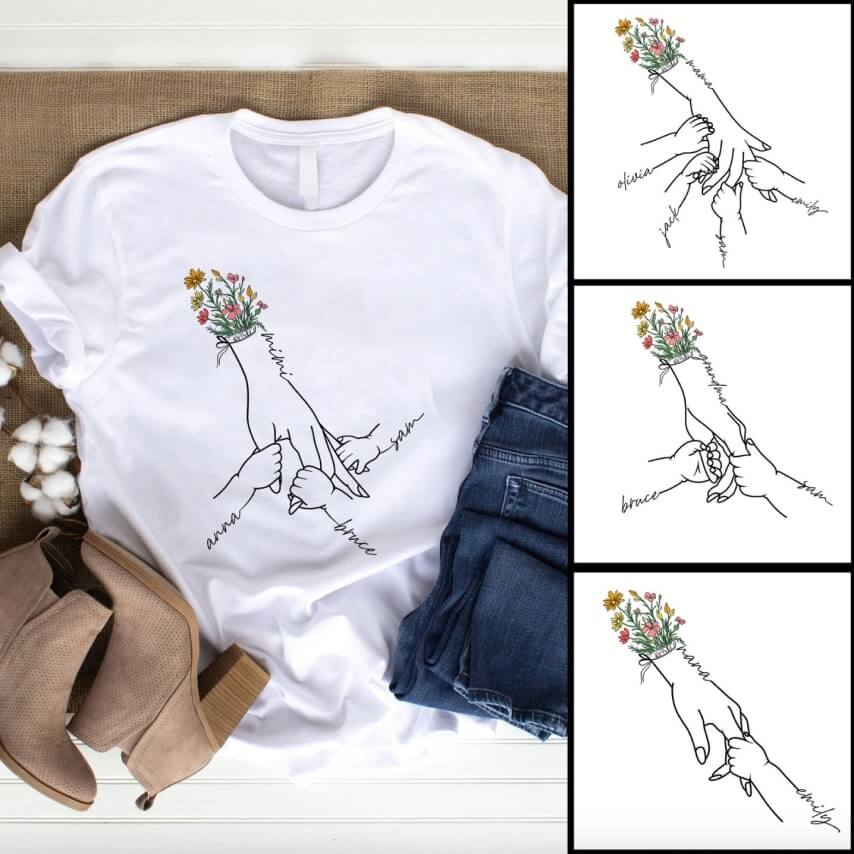 Mother's Day t-shirt designs with one main mom's hand holding one or multiple baby hands with names, depending on personalization.