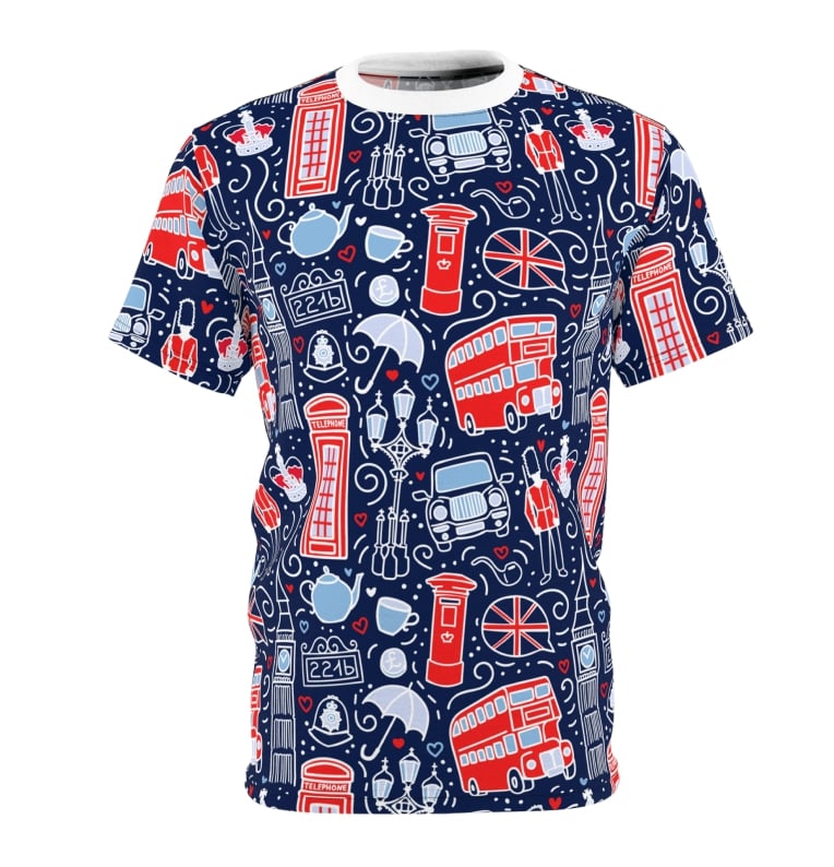 T-shirt with an all-over-print design. The pattern has various UK symbols repeating.