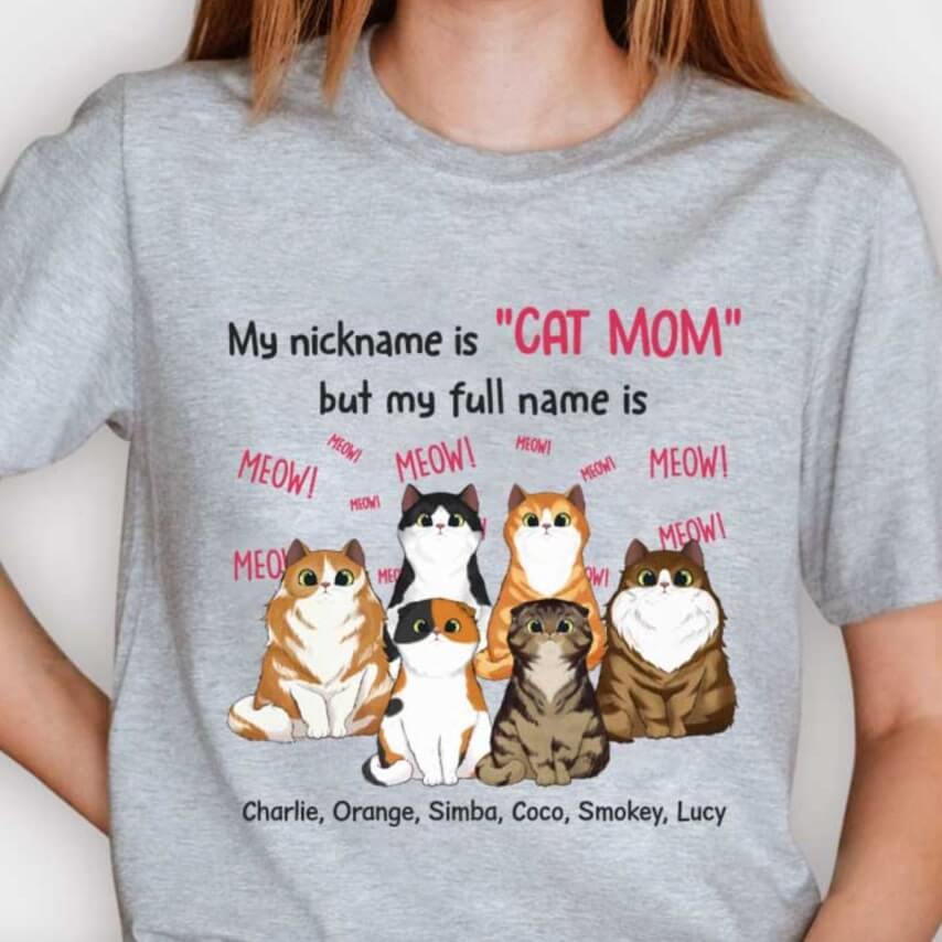 Customized Mother's Day t-shirt for a cat mom with pet names and a sweet message.