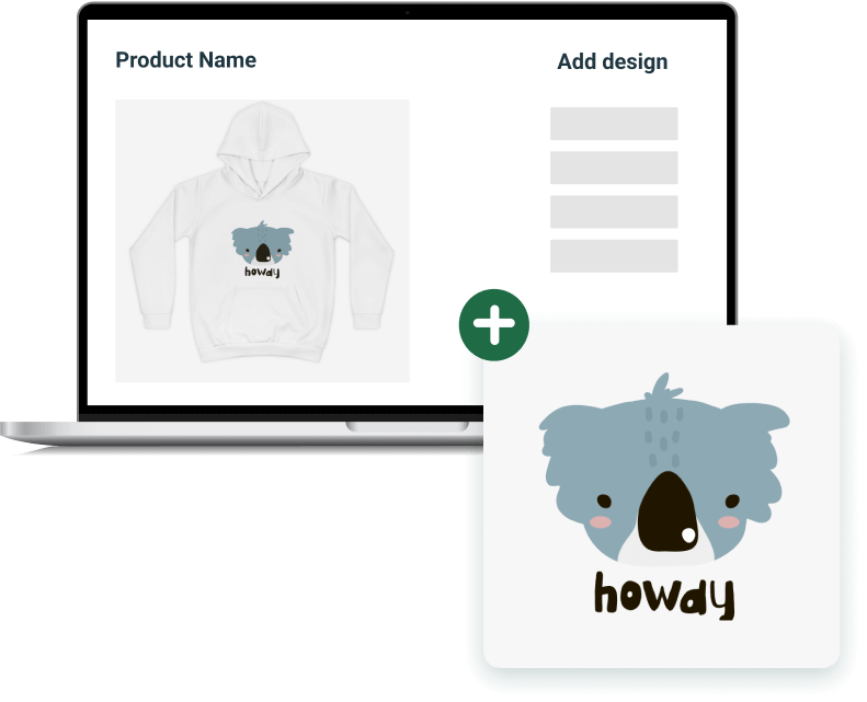 A laptop displaying a white hoodie with a custom design – a koala and the word "howdy"