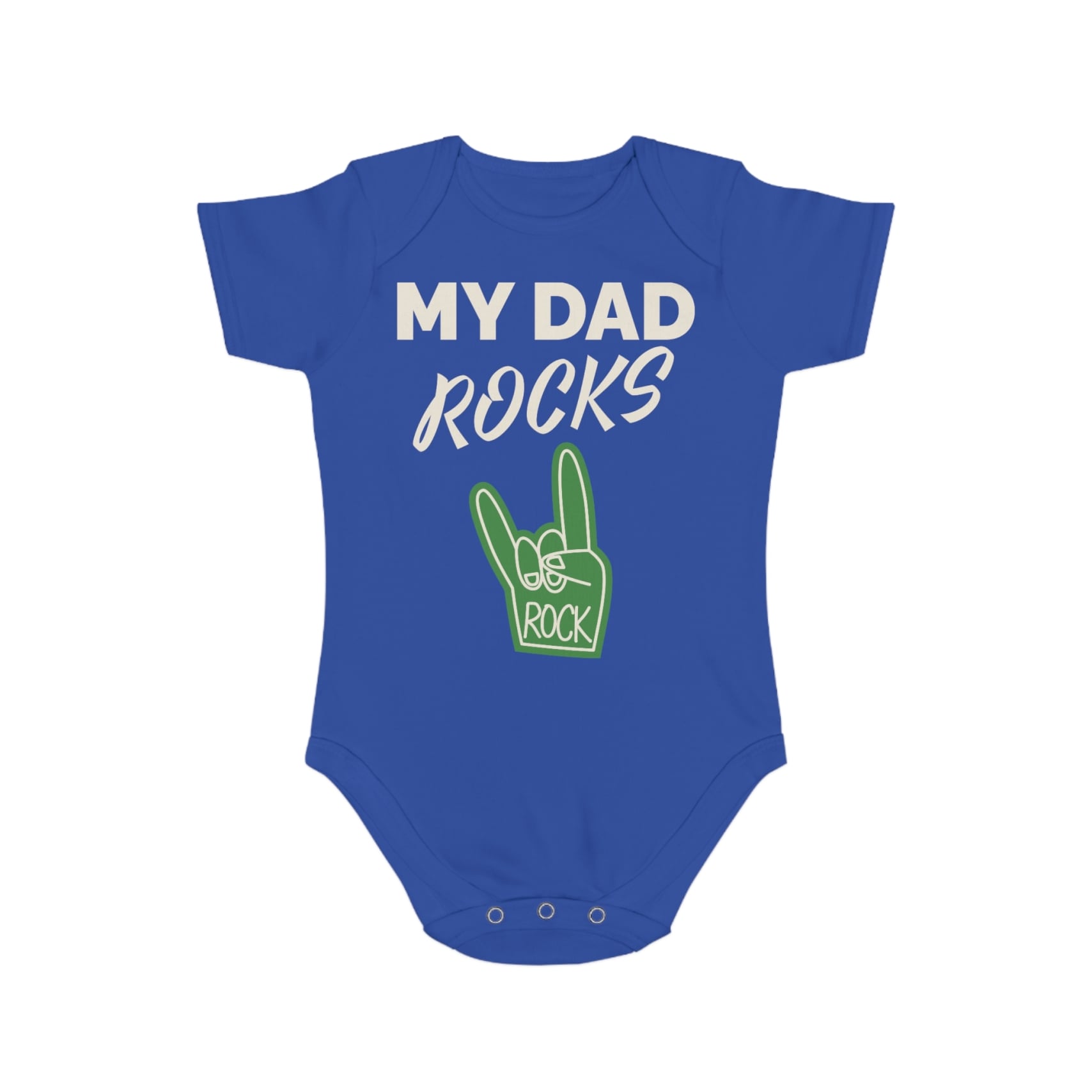 Blue infant bodysuit with the text “My Dad Rocks” printed on the front.