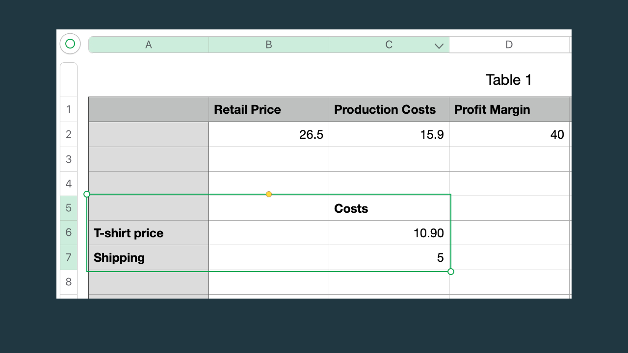 "Numbers" sheet showing highlighted fields for T-shirt Price and Shipping under the Costs section.