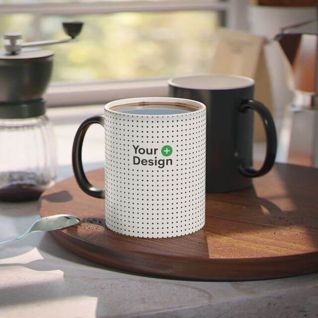 A mockup photo of a blank color-changing mug with a placeholder for your custom design.