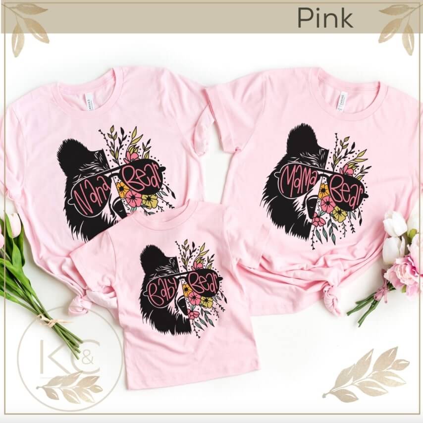 Creative Mother's Day t-shirts with bear designs for the whole family, listing nana bear, mama bear, and baby bear.