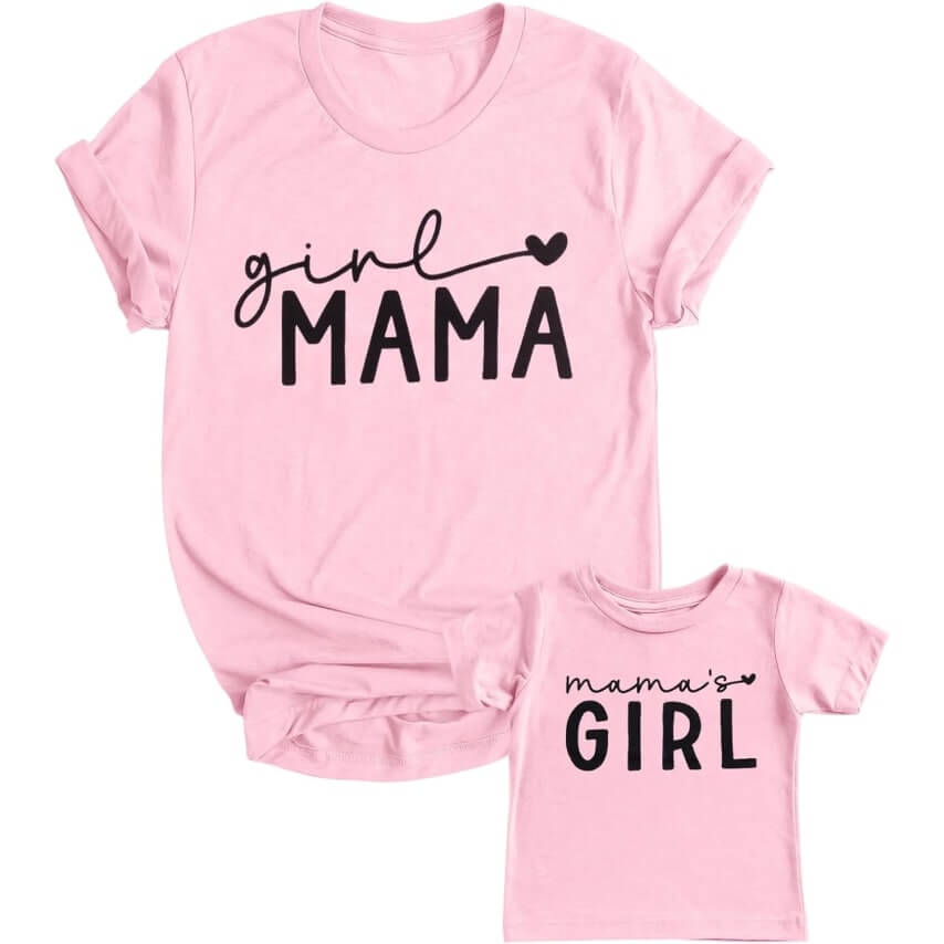A set of cute mom and daughter t-shirts saying "Girl mama" and "Mama's girl."