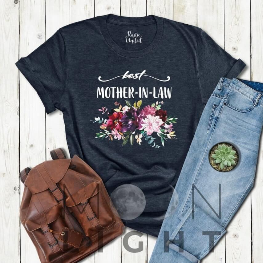 A display of an outfit with a floral Mother's Day t-shirt for a mother-in-law.