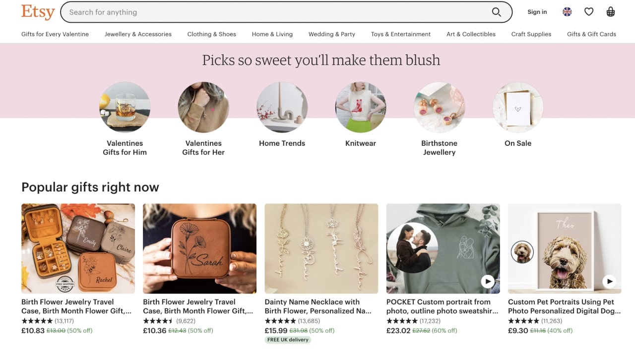 Etsy homepage showcasing products such as jewellery, posters, and personalised gifts.