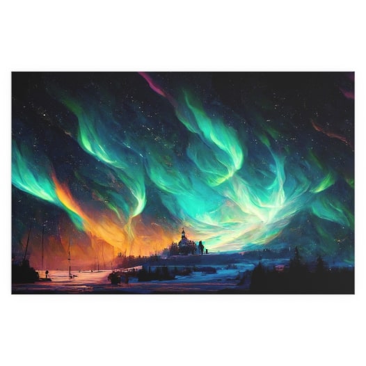 Horizontal poster with a winter scenery of bright green northern lights.
