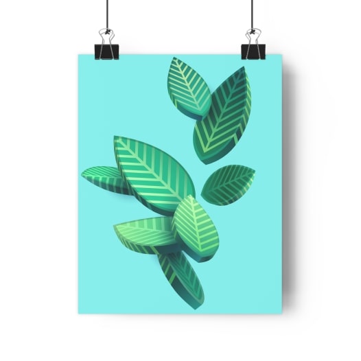 Vertical poster of stylized green leaves on a turquoise background.