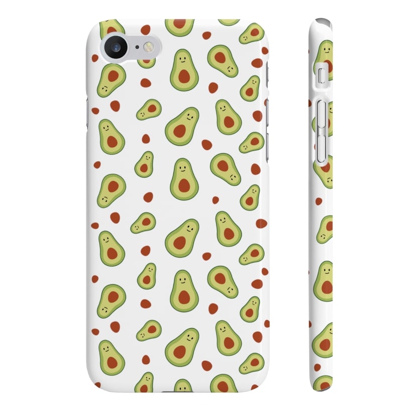 Phone case with a pattern of smiling cartoon avocado halves.