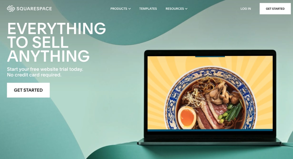 Squarespace homepage with the slogan “Everything to Sell Anything.”