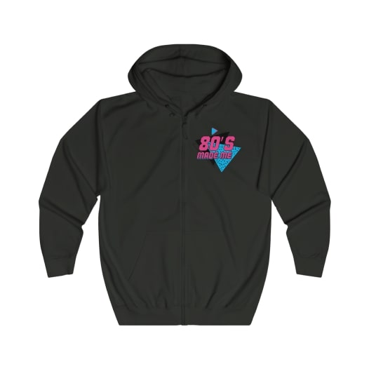 Black hoodie with a pink and blue graphic and the text “80's made me” on the front left side.