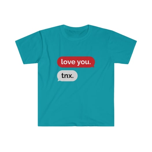 Blue t-shirt with text messaging bubbles saying “love you” and “thanks.”