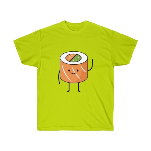 Lime green t-shirt with a cartoon design of a smiling sushi roll.
