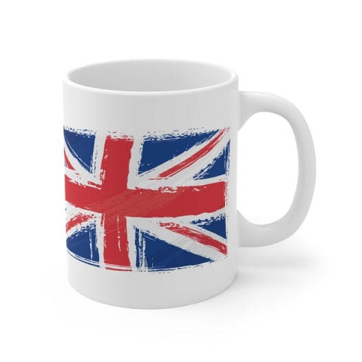 White ceramic mug with the UK flag printed on it.