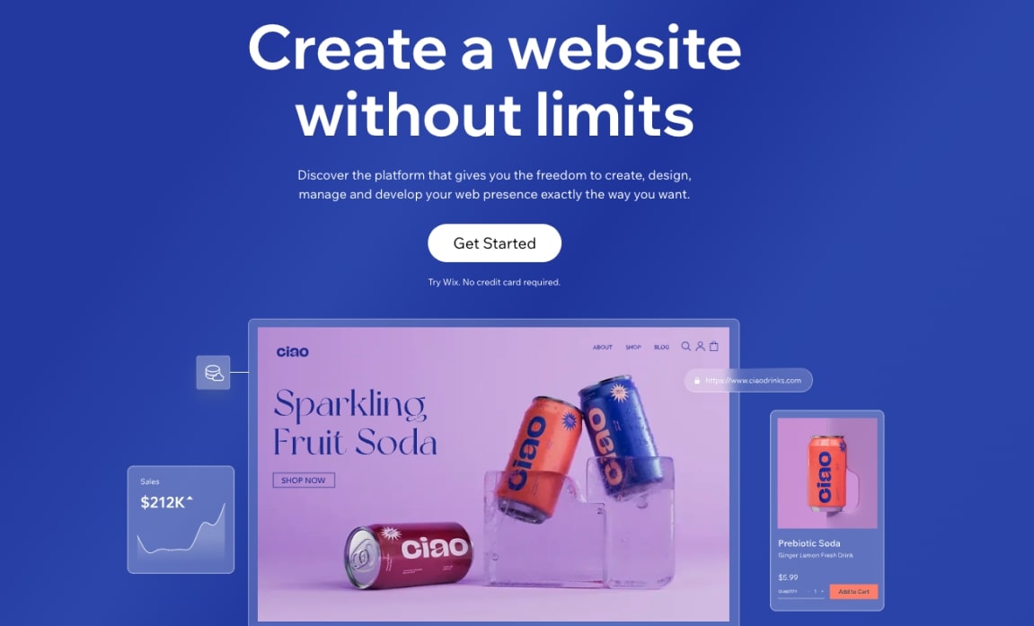 Wix homepage with the slogan “Create a website without limits.”
