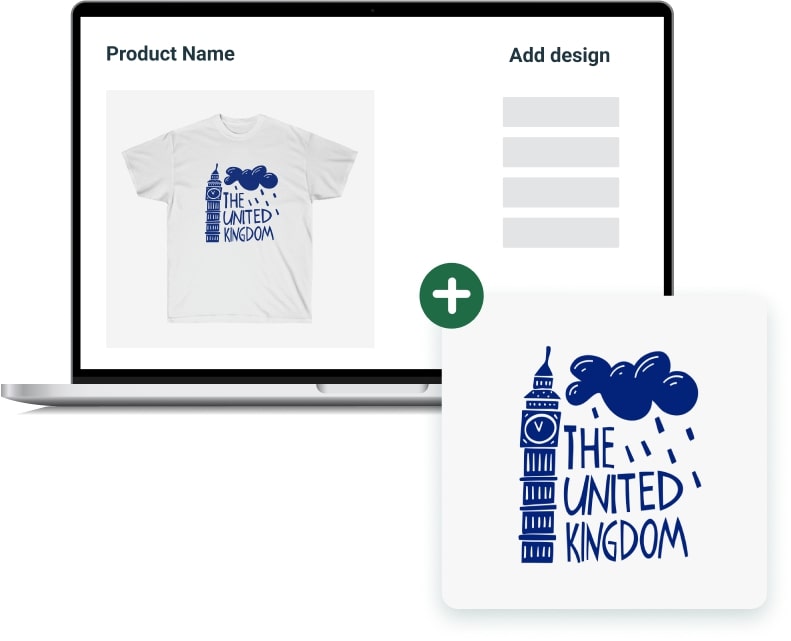 A laptop showing a white t-shirt and a custom design – Big Ben, a rain cloud, and "The United Kingdom" written next to it.