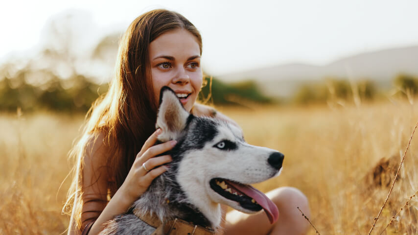 A woman sitting in a hay field with a husky dog.