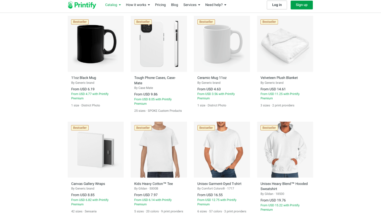 Printify's catalog showing such dropshipping products as phone cases, mugs, canvas, blankets, t-shirts, and hoodies.