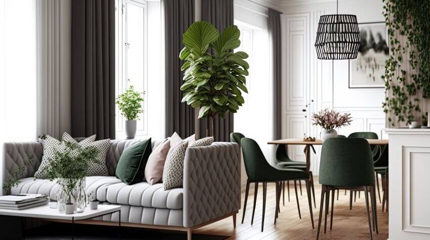 A room full of elegant, beige and dark green furniture.