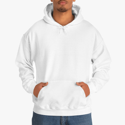 Man wearing a white, blank hooded sweatshirt.
