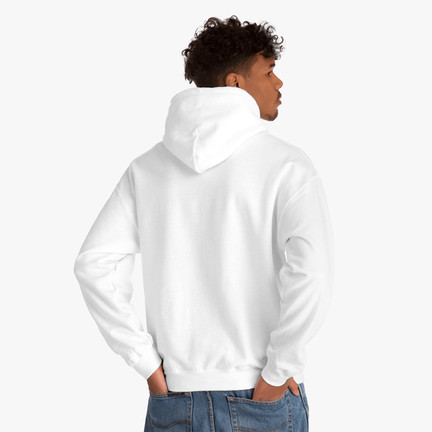 Back of a white, blank hooded sweatshirt.