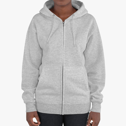 Front of a blank, grey zip-up hoodie.