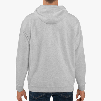 Back of a grey, blank pullover hoodie.
