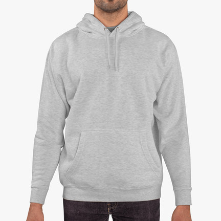 Front of a grey, blank pullover hoodie.