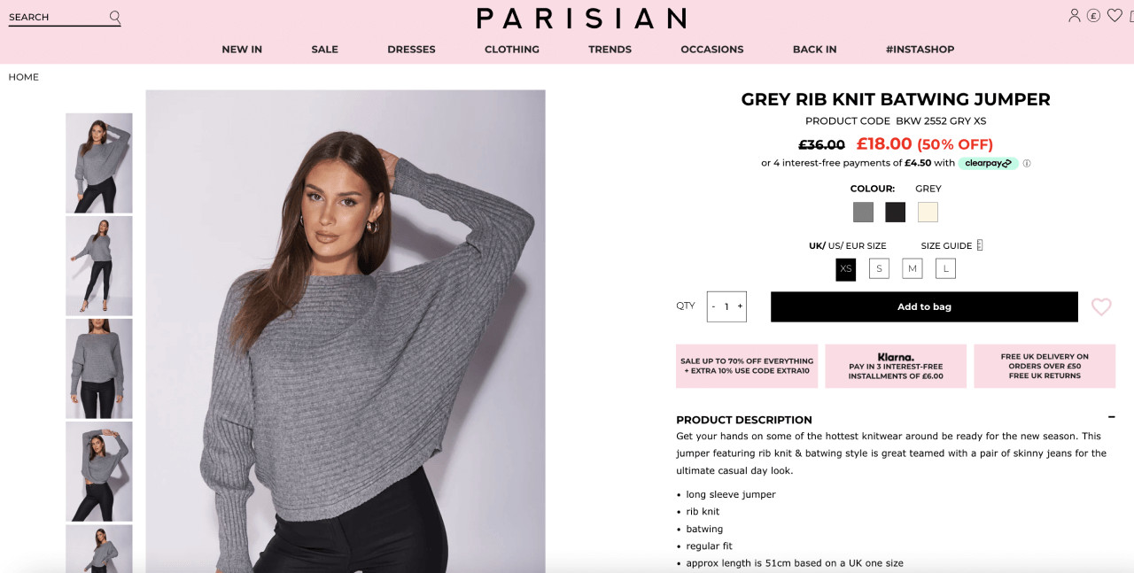 A screenshot of a product page from www.parisianfashion.com