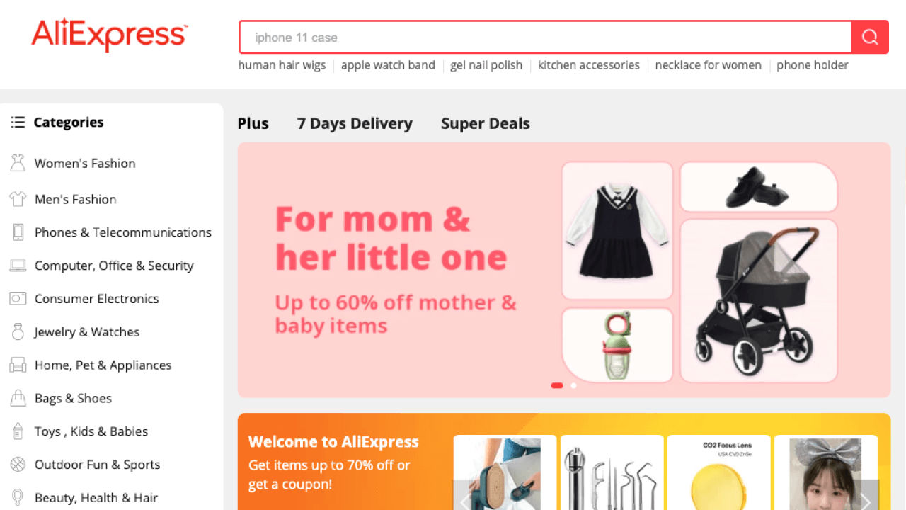 AliExpress homepage showcasing various product categories.