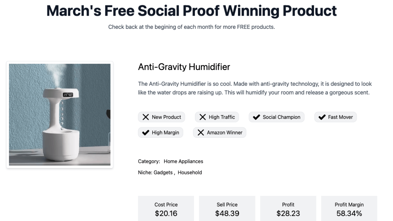 “Dropship Spy's” homepage showing the Free Social Proof Winning Product for March – anti-gravity humidifier.