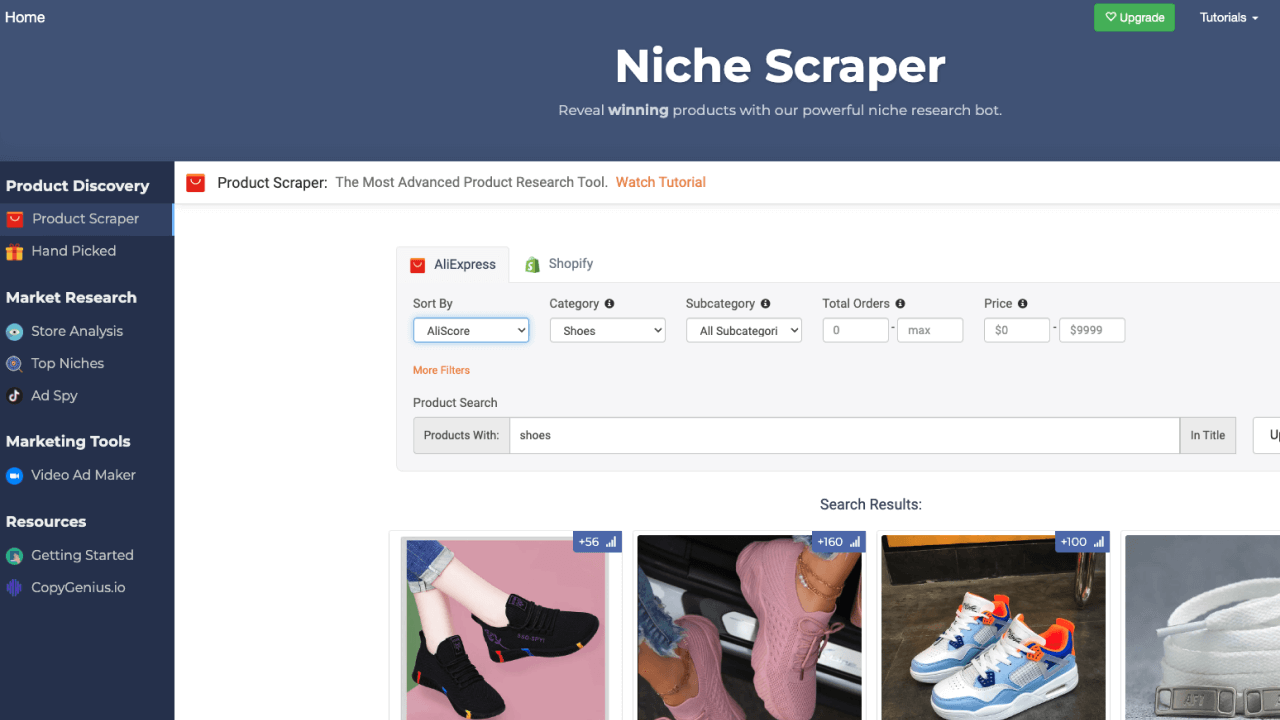 “Niche Scraper's” Product Scraper tool showing search results for “shoes” sorted by their AliScore.