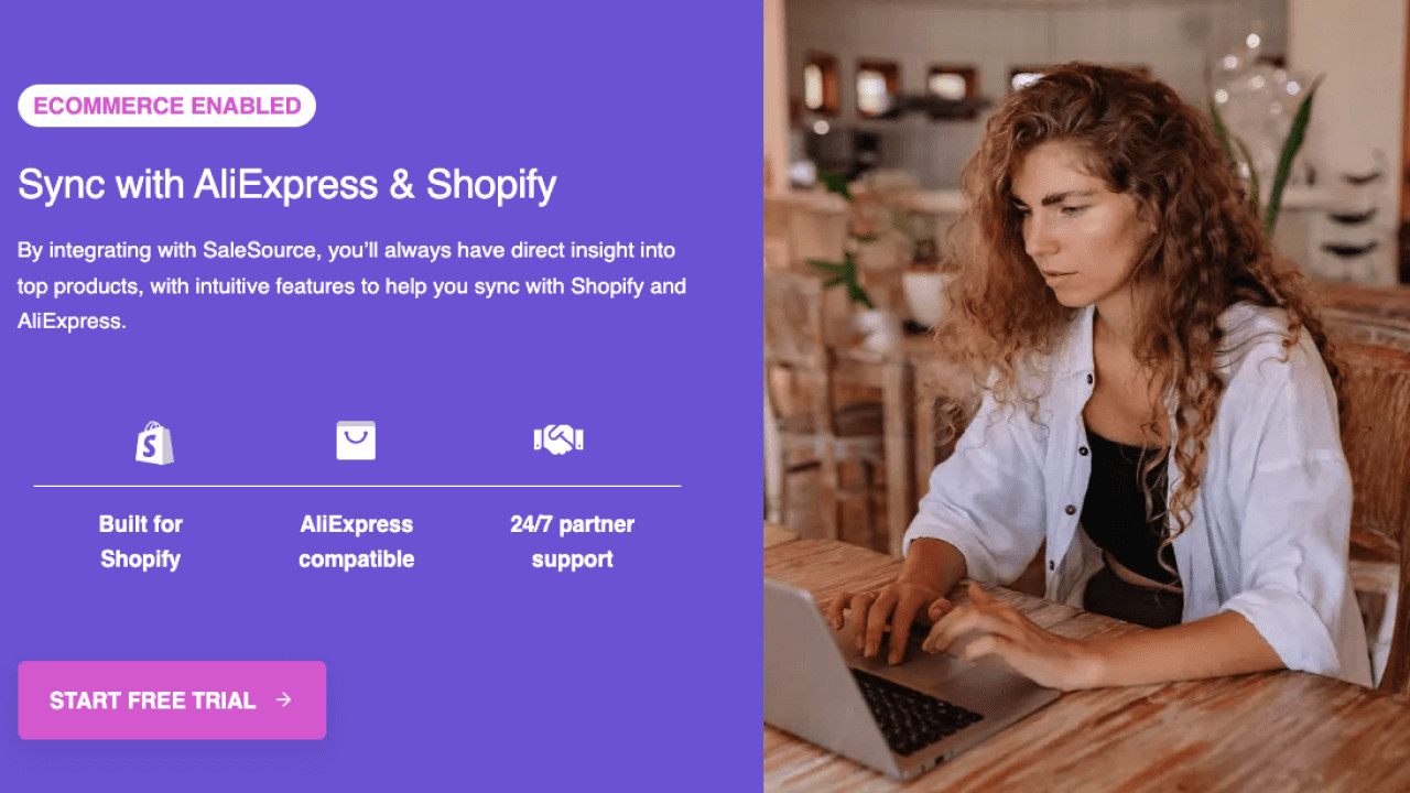 “SaleSource's” homepage excerpt promoting its integration with Shopify and AliExpress.