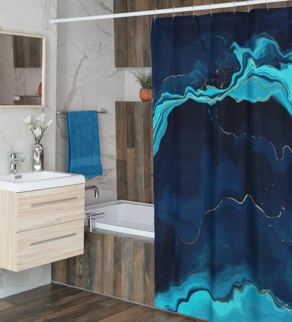An image of a custom shower curtain with a blue-colore abstract design.