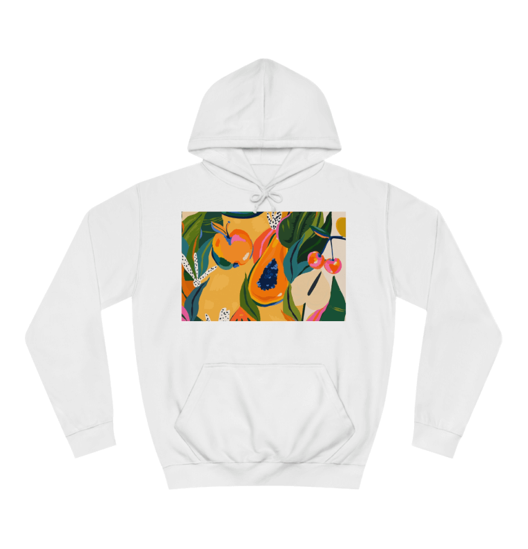 White hoodie with a square design on the front of a colorful painting of fruit and berries.