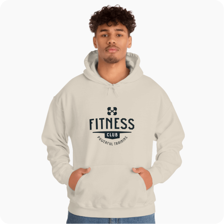 Man wearing a beige hoodie with a logo saying “Fitness Club. Powerful Training.”