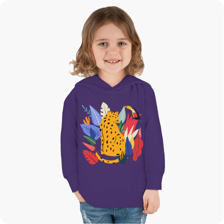 Child wearing a purple personalised hoodie with a bright cartoon leopard design.