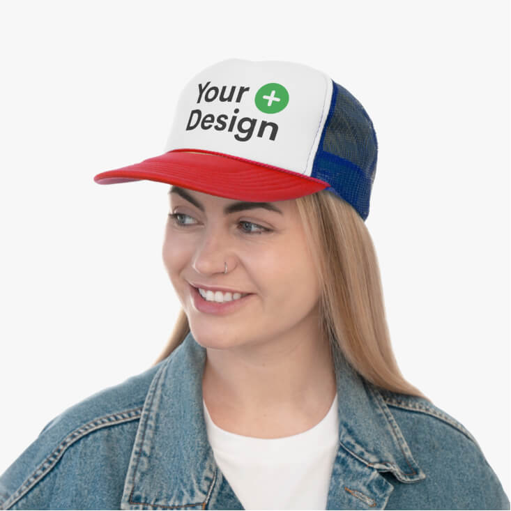 A mockup with a woman wearing a trucket hat.