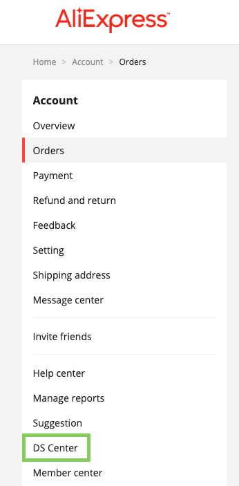 Navigation path from “Account” to “Orders” to “DS Center” on AliExpress.