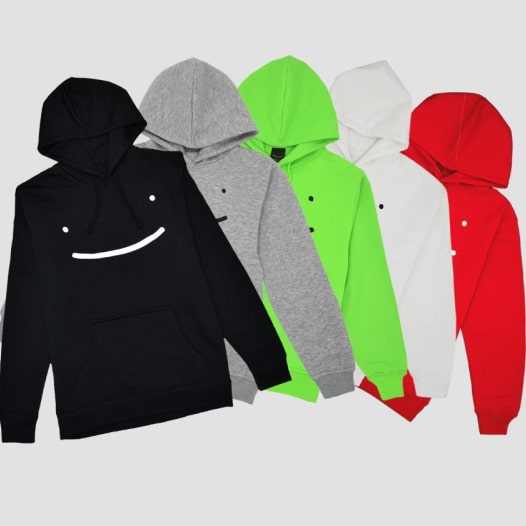 A collection of colorful hoodies with a smiley face design printed on the front.