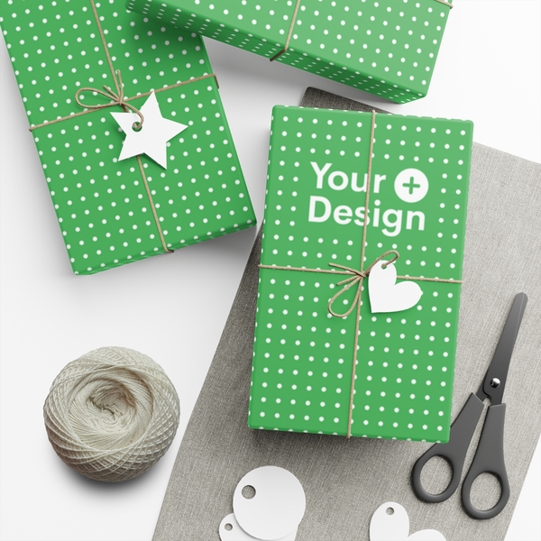 A mockup image of gift boxes in custom wrapping paper with a design placeholder.
