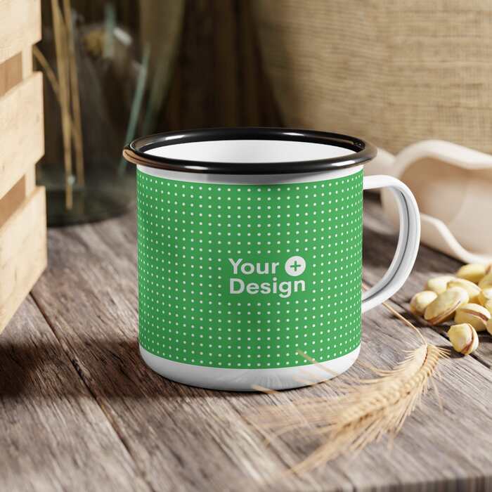 Custom enamel mug with a “Your Design here” sign on it.