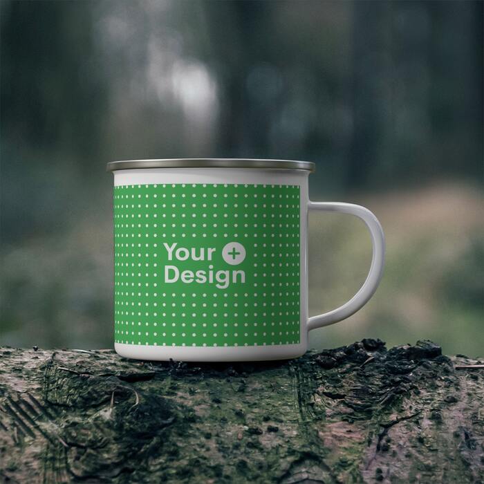 Custom enamel mug with a “Your Design here” sign on it.